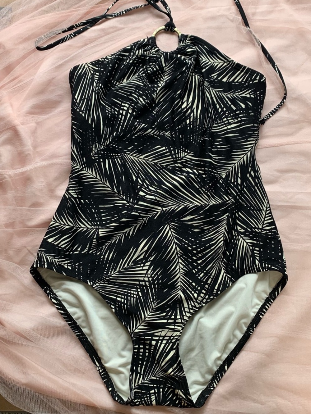 Michael Kors Black and White Palm-Print Halter One-Piece Swimsuit 10 Summer Pool